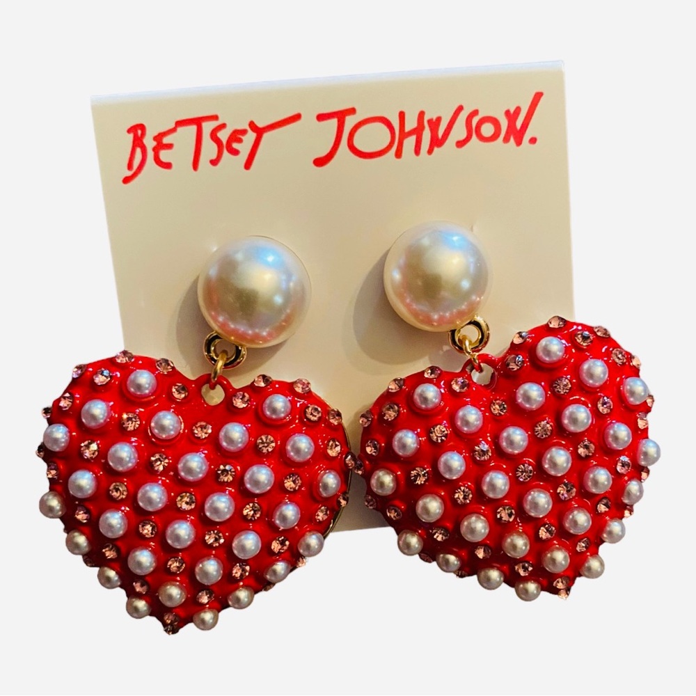 Betsey Johnson Earrings Puffed Red Hearts w Faux Pearls & Crystals Gold Tone NWT - Picture 2 of 3